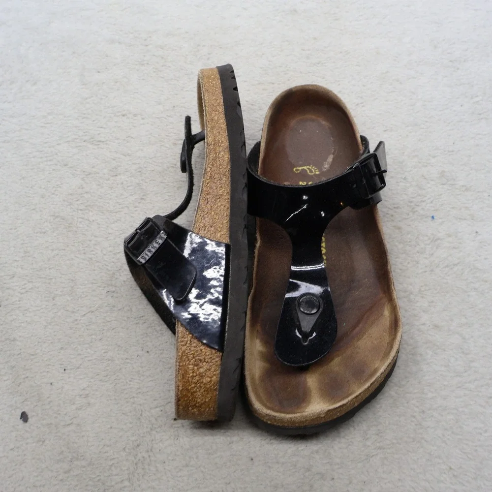Birkenstock Women 4 EU35 Sandals Black Gizeh Patent Birko-Flor Cork Thong READ